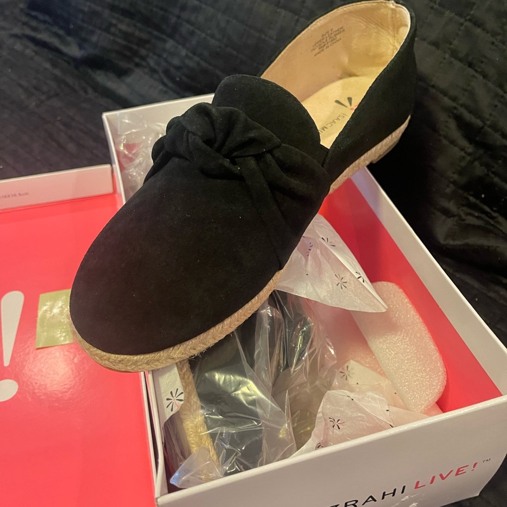 Isaac mizrahi knotted suede leather espadrille black flats new in box 9 m